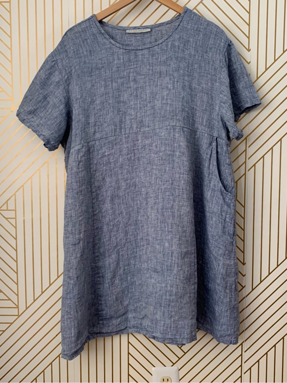 Bryn Walker Blue 100% Linen Lagenlook Lagom Dress tunic Pockets Natural coastal
